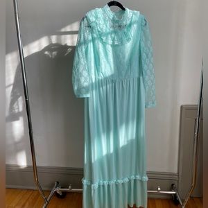 Vintage Vicky Vaughn 70s Bridesmaid Formal Dress Blue Lace